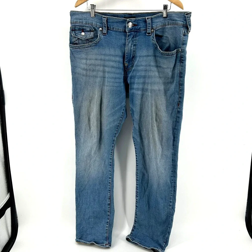 True Religion Ricky Relaxed Straight Blue Denim Jeans Mens 38x32 Horseshoe Flap - Picture 4 of 6